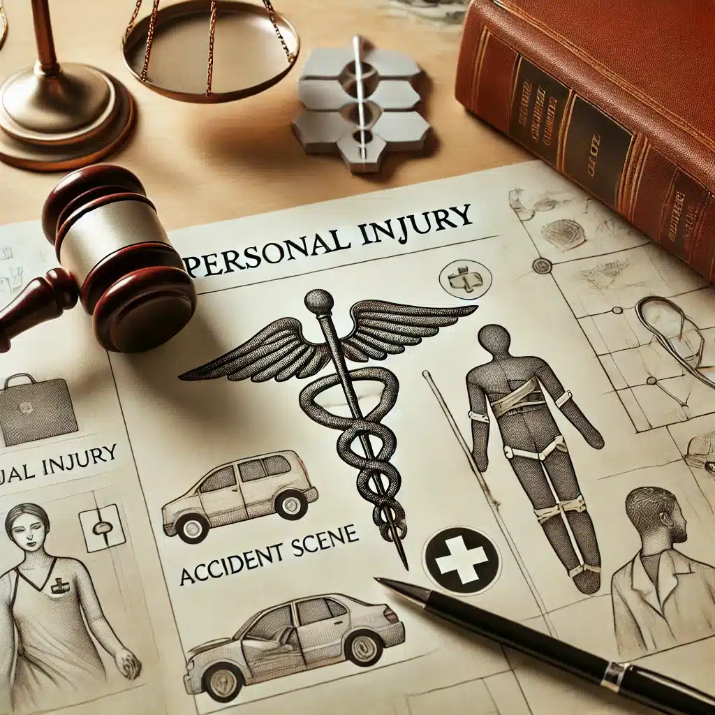 DALLE 2024-07-31 181107 - A themed image representing personal injury for a blog The image includes elements such as a gavel legal documents and a medical symbol like a cadu - Gammill Law Accident & Injury Lawyers
