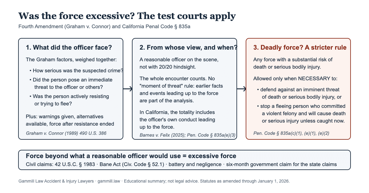 What is excessive force The test under California and federal law - Gammill Law Accident & Injury Lawyers How courts decide whether police force was excessive: the objective reasonableness test and the separate deadly force rule under California law